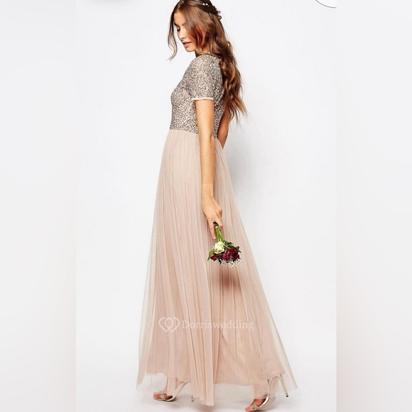 Maya Deluxe Sequin Tulle Evening Wedding Bridesmaid Prom Princess Sparkle Beige - Picture 4 of 11